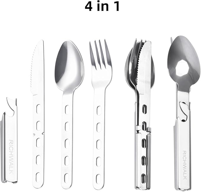 4-in-1 Camping Spoon Fork Knife Combos Set of 4 - Portable Stainless Steel Flatware Spoon Fork kit - forks Knife & Bottle Opener Combo Pack for Picnic Hiking Travel