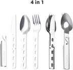 4-in-1 Camping Spoon Fork Knife Combos Set of 4 - Portable Stainless Steel Flatware Spoon Fork kit - forks Knife & Bottle Opener Combo Pack for Picnic Hiking Travel
