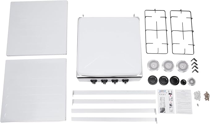 4 Burner Gas Stove, Portable Outdoor Stove with Double storage shelves and Independent Knobs, Heavy Duty Propane Gas Cooker with Wind Blocking Cover for Outdoor Camping BBQ(White)