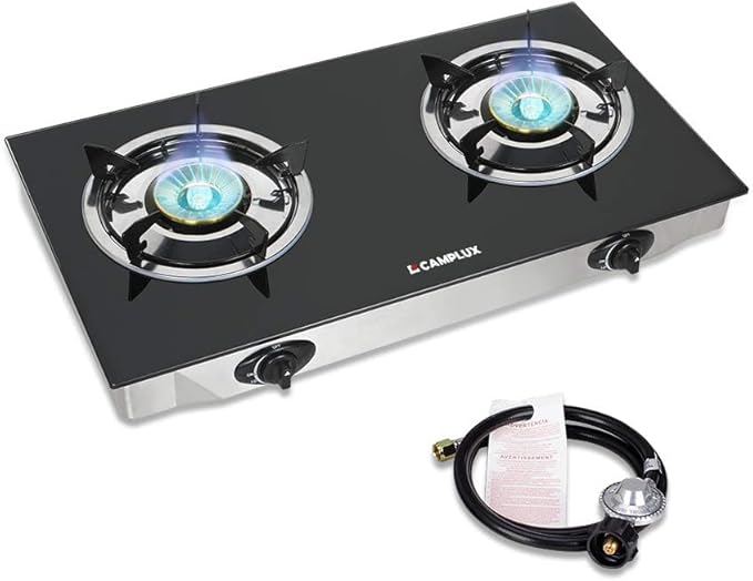 CAMPLUX 2 Burner Propane Stove, LPG Tempered Glass Auto Ignition Double Burner Portable Gas Stove Top, 19,000 BTU Propane Cooktop for Camping, CSA Regulator & Hose Included, estufa de gas portatil