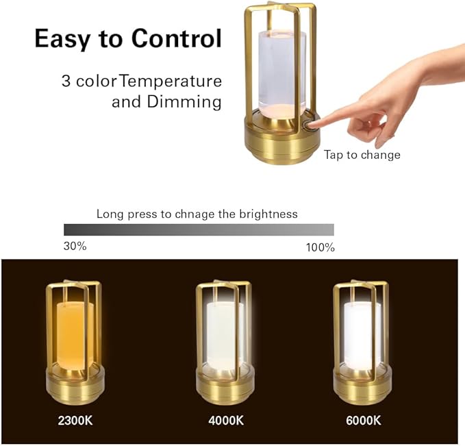 CLT Cordless Luxury Rechargeable Metal LED Lantern, Table Lamp Portable Light with 3 Color Temperature Stepless Dimming Indoor Outdoor Use for Bedroom, Restaurant, Bar, Coffee Shop, Camping (Black)