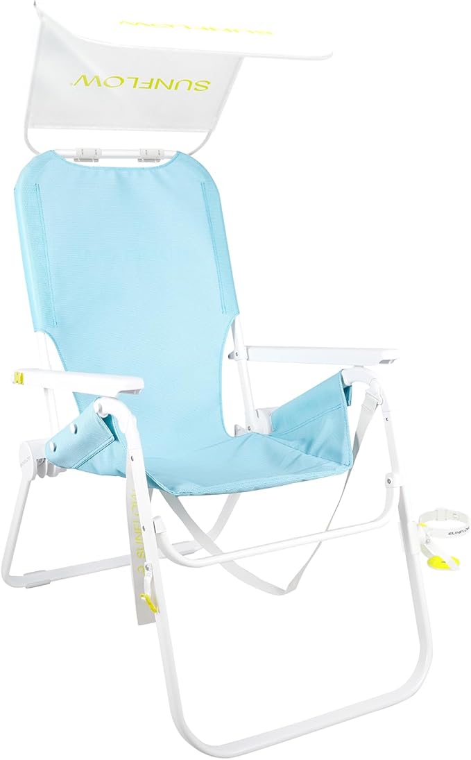 SUNFLOW The Tall Sand Dune Premium Beach Chair, Portable, Rust-Resistant, Adjustable Reclining Lounger with UPF 50+ Sun Shade and Drink Holder for The Ultimate in Comfort - Sky Blue