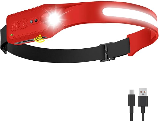 Rechargeable LED Headlamp (Red), 400 Lumens, 230° Wide Beam, USB-C, 5 Modes — Lightweight, Adjustable Headband; Hard Hat Clips for Camping, Hiking, Running & Repairs