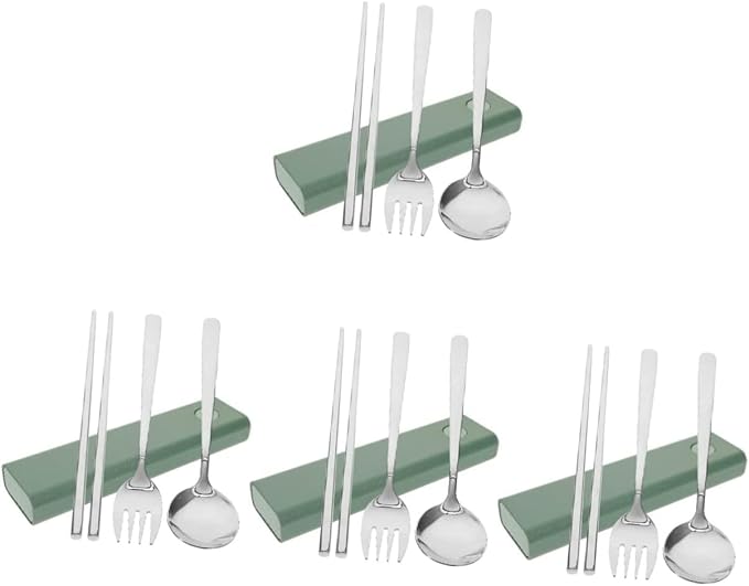 4 Sets Fork Spoon Chopsticks Stainless Steel Spoon Stainless Steel Utensils Set Travel Cutlery Reusable Spoon Spoon Fork Chopstick Portable Tableware Green Chopstick Rest