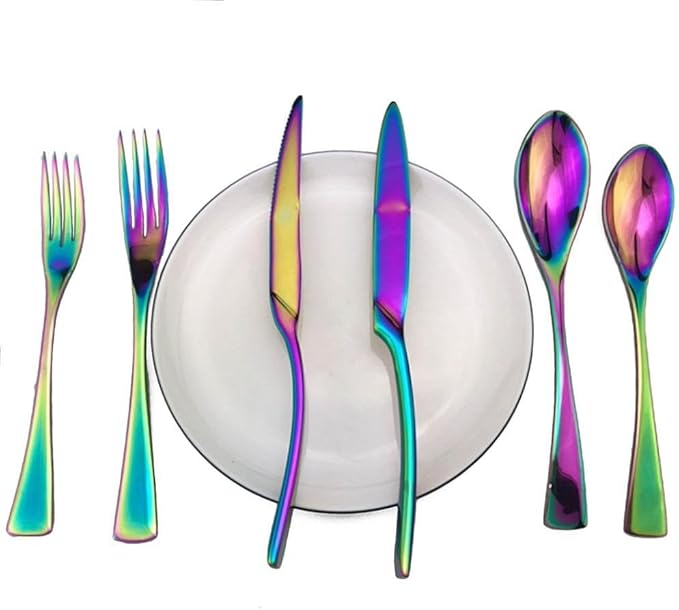 Silverware Flatware Cutlery Set， 6/24/36/48/60/72 Pieces Stainless Steel Cutlery， Forks and Spoons Mirror Blue Steak Cutlery Six-Piece Set，Rainbow-8Set-48Pcs