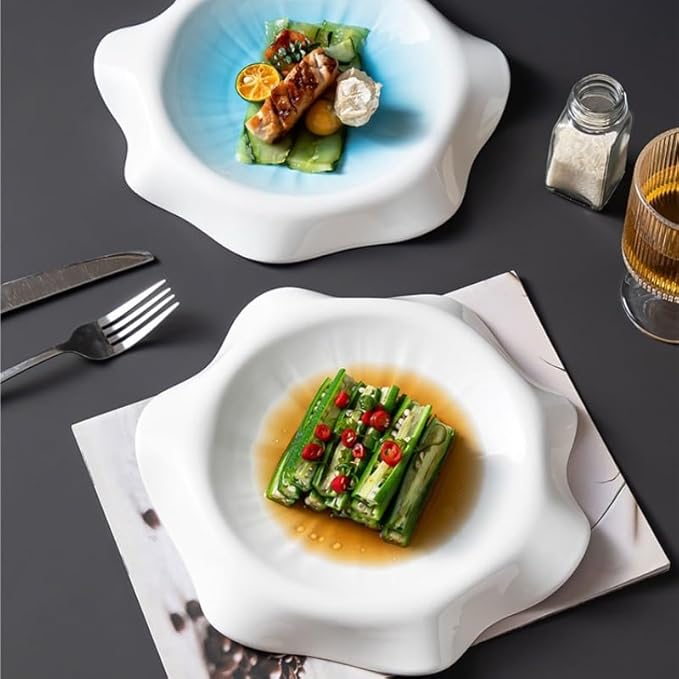 Camping Plates Western Food Plate Simple Irregular Ceramic Household Underglaze Color Round Dish Commercial Hotel Restaurant Tableware Decorative Plate(B,Medium)