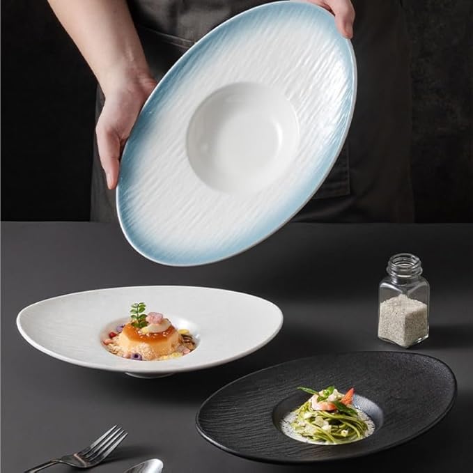 Camping Plates Nordic Dinner Plate Pasta Special Creative Oval Ceramic Tableware Commercial Hotel Decorative Plate(A,Medium)