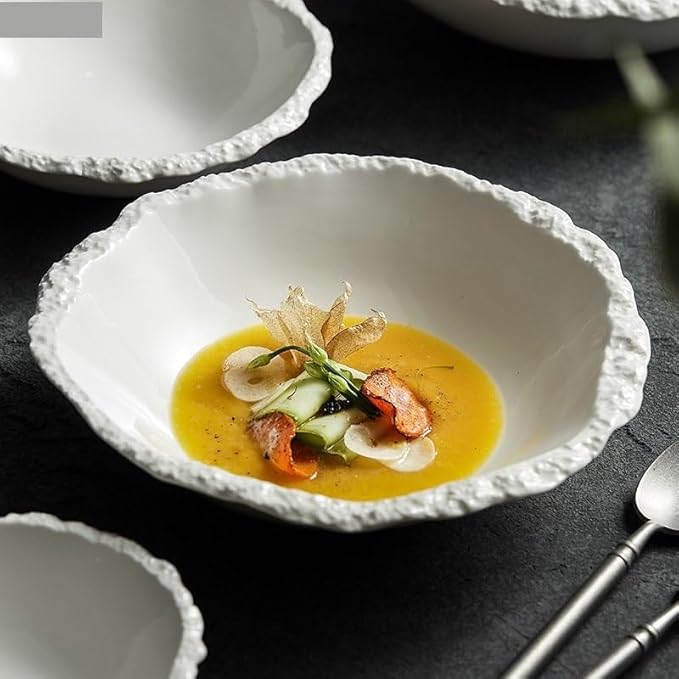 Camping Plates Simple White Ceramic Soup Bowl Kitchen Restaurant Special Tableware Creative Texture Salad Bowl Noodles Bowls Dinner Plate Dish Plate Decorative Plate(A 8inch)