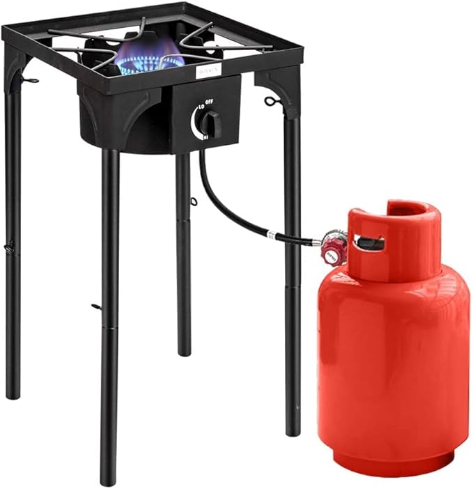 Bonnlo Outdoor Portable Propane Stove Gas Cooker, Heavy Duty Iron Cast Patio Burner with Detachable Stand Legs for Camp Cooking (1-Burner 100,000-BTU)
