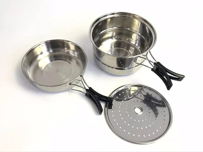 JSEIAJB Stainless Steel Outdoor Pan Set Camping Cookware Portable Frying Pan Steaming Rack Pots Hiking Picnic Cooking Tableware