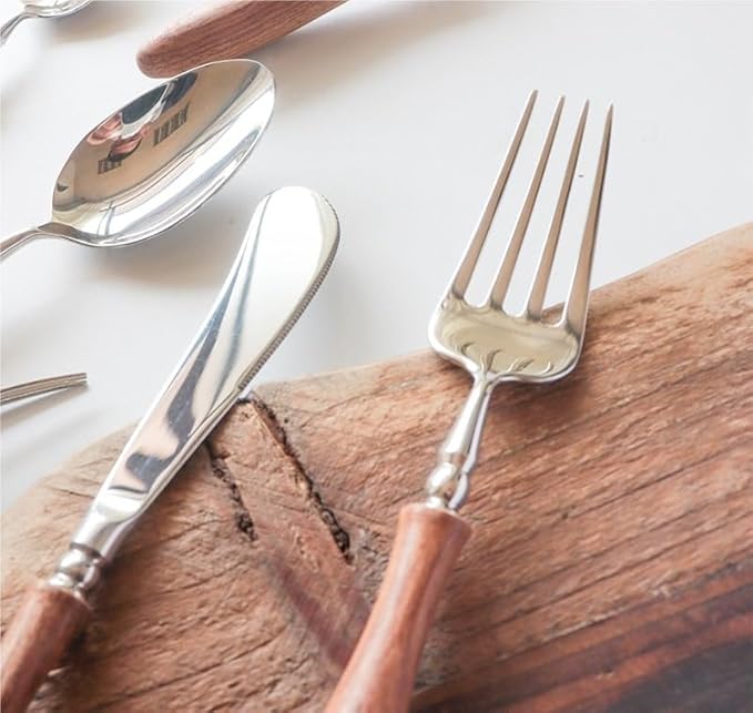 Silverware Flatware Cutlery Set， 6/24/36/48/60/72pcs Steak Knife and Fork Cutlery Wooden Handle Spoon Cutlery Set 304 Stainless Steel Dessert Fork and Spoon，Silver-36 Pieces for 6