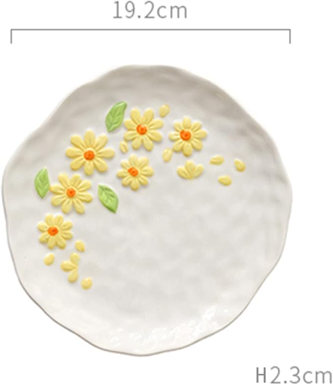 Cute Plate, White Dining Plate with Flower Pattern, Tableware for School Office Outdoor Picnic Camping, Microwave Oven Safe, 19.2CM