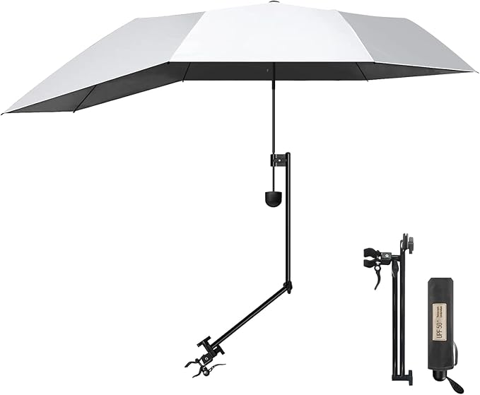 Upf 50+ Chair Umbrella With Clamp/Sun Shade - Portable Umbrella For Sports & Outdoors - Secure Clamp, 360-Degree Swivel Adjustable Position For Maximum Sun Protection