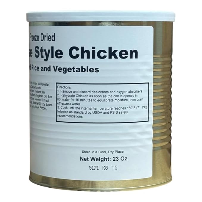 Military Surplus Freeze-Dried Japanese-Style Chicken with Fried Rice & Vegetables – 23 oz per (8 Cups) #10 Can – Ready to Eat Meal – 25+ Year Shelf Life – Made in USA – Emergency Survival Food for Camping, Prepping & Long-Term Storage