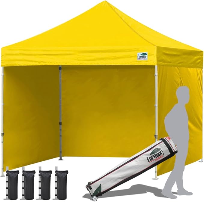 Eurmax USA 10'x10' Pop-up Canopy Tent Commercial Instant Canopies with 4 Removable Zipper End Side Walls and Roller Bag, Bonus 4 SandBags(Yellow)