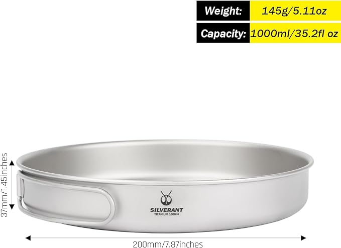 SILVERANT Camping Plate Titanium Pan Dish Plate with Handle & Mesh Bag, Large Reuseable Ultralight Dinner Plate for Camping Outdoors Backpacking (1000ML)