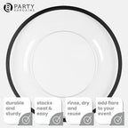 PARTY BARGAINS 13-Inch Charger Plates - 16 Pack, Clear Black Rim, Heavy-Duty Disposable Chargers for Elegant Dining - Ideal for Weddings and Formal Events