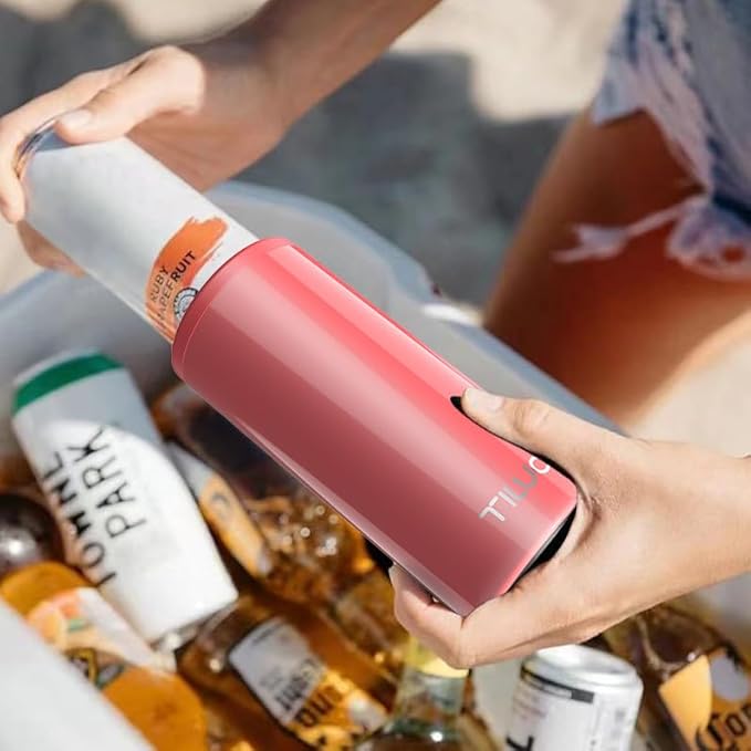 TILUCK Skinny Can Cooler for Slim Beer & Hard Seltzer, Stainless Steel, Doucle-Walled Stainless Steel Insulated Slim Cans, Standard 12 oz (Glitter Coral)