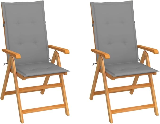 Patio Chairs 2 pcs,Outdoor Folding Chair,Lounge Chair,Portable Camping Chair,Tanning Chairs for Outside,Garden Chair,for Outdoor Patio, Campsite, or Yard, with Gray Cushions Solid Teak Wood