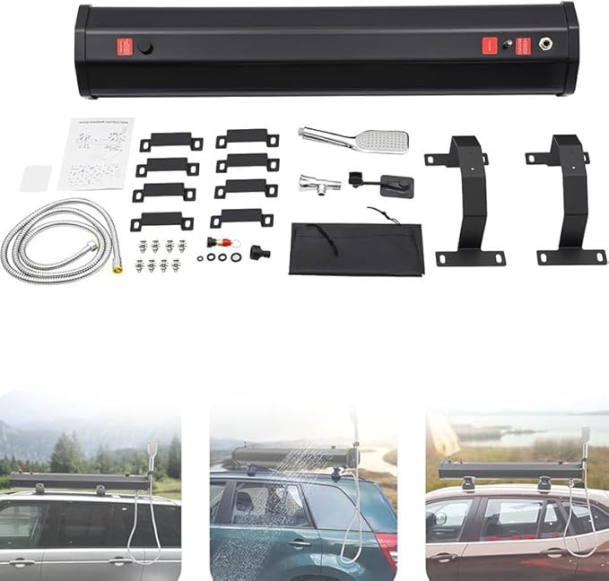 7.9Gallon Portable Camping Solar Shower, Roof Rack Mount Road Shower Pressurized Water Tank w/Storage Bag and 5.58ft Hose, Outdoor Activities Water Supply for SUVs Sedans RVs Trucks,30L/7.93Gal