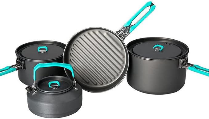 Outdoor Camping Tableware Set Backpacking Picnic 2 Pot 1 Frypan 1 Kettle Alumina Cookware Folding Cooking Set