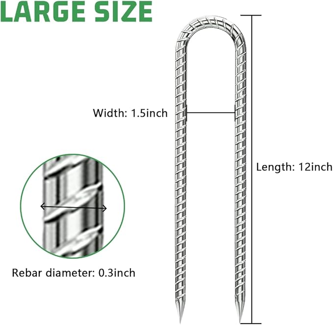 U-Hook-Rebar-Stakes-12 Inch, Ground Stakes Heavy Duty Rebar Stakes for Camping 8pcs Rebar Stakes Rust Proof Coated Metal for Flower Gardens Dog Fence Camping Tents Chicken Coop