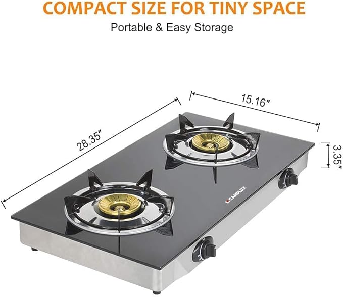CAMPLUX 2 Burner Propane Stove, LPG Tempered Glass Auto Ignition Double Burner Portable Gas Stove Top, 19,000 BTU Propane Cooktop for Camping, CSA Regulator & Hose Included, estufa de gas portatil