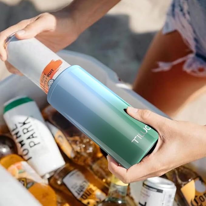 TILUCK Skinny Can Cooler for Slim Beer & Hard Seltzer, Stainless Steel, Doucle-Walled Stainless Steel Insulated Slim Cans, Standard 12 oz (Teal Gradient-NEW)