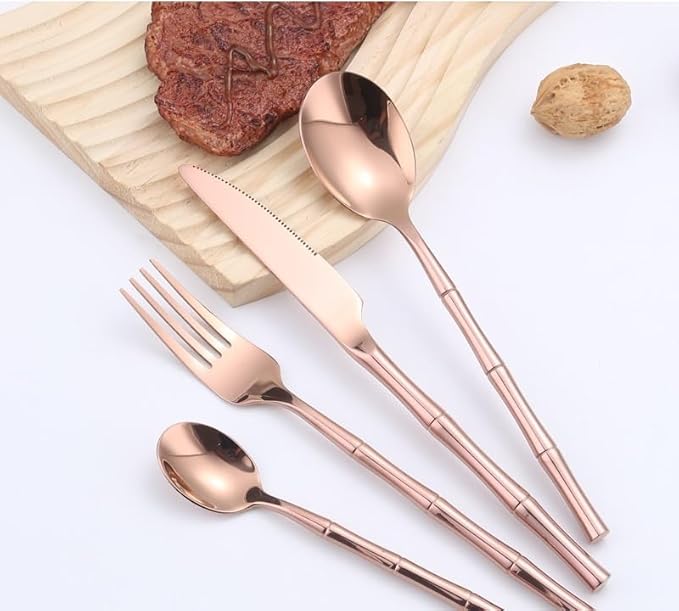 Premium 304 Stainless Steel Cutlery Set - 5/20/30/40/50/60pcs Silverware Flatware, Elegant Black Handle Knife, Fork & Spoon Set, Rose Gold Option Available, Perfect for Dining & Entertaining