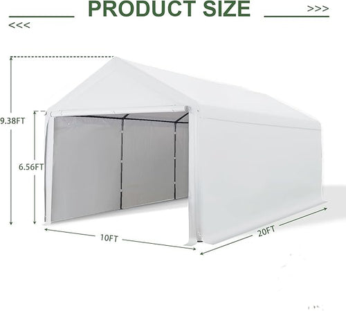 10x20 FT Heavy Duty Carport Car Tent Car Canopy Storage Shed, Portable Garage with Removable Sidewalls & Doors All-Season Tarp for Car,Truck,SUV,Party White