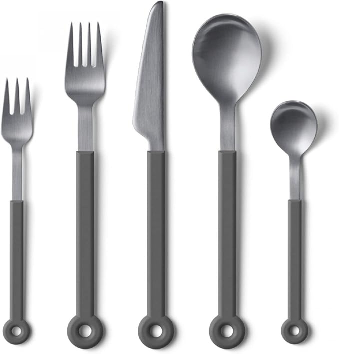 mono Ring Flatware Sets in Black, White, Blue and Grey (Grey, 5pc Set)