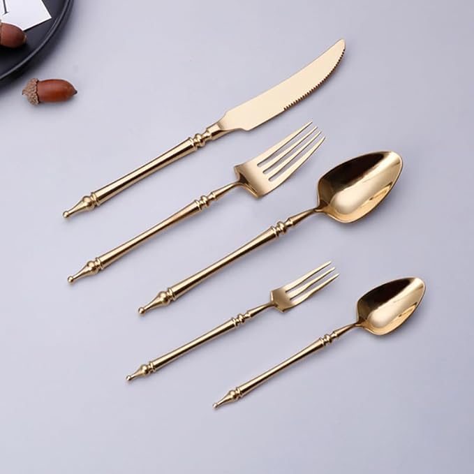 Cutlery Set Pieces Service Stainless Steel Titanium Flatware,16-piece Flatware Set, 4 Servings Tableware, Stainless Steel Cutlery, Including Knife, Fork and Spoon Teaspoon with Gold Wooden