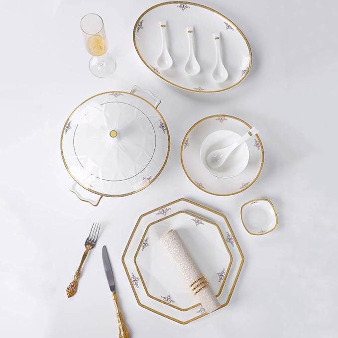 Ceramic Tableware Set with 56 Pieces, Bowl/Soup Pot/Spoon, Bone China Tableware, Octagonal fold Design, Porcelain Combination Set