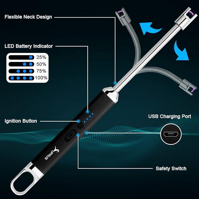 SUPRUS Rechargeable USB Arc Electric Lighetrs with Safety Switch 360° Flexible Neck Flameless Grill Long Lighters for Candle Camping Cooking (Black, 2Packs)
