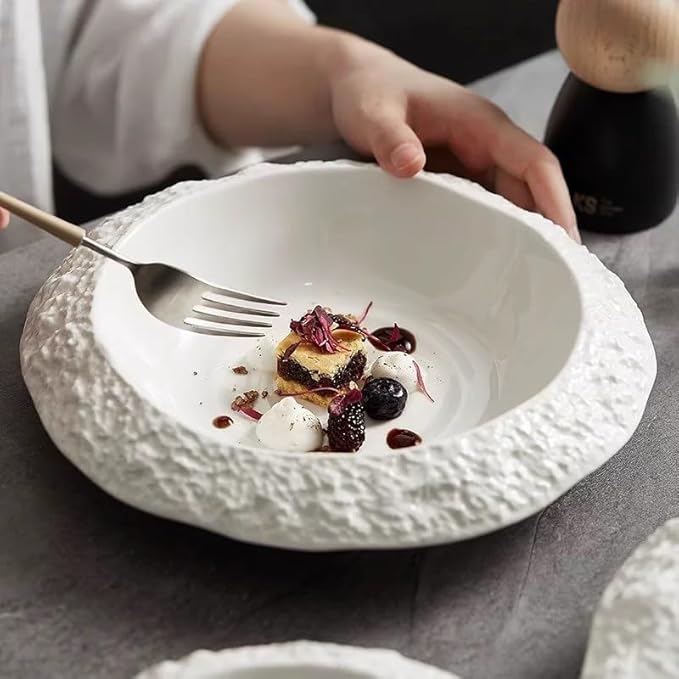 Camping Plates 8.5-inch Rock-Grain Ceramic Plate Household Deep Dish Creative Hotel Restaurant Tableware White Dinner Soup Decorative Plate(12 in)