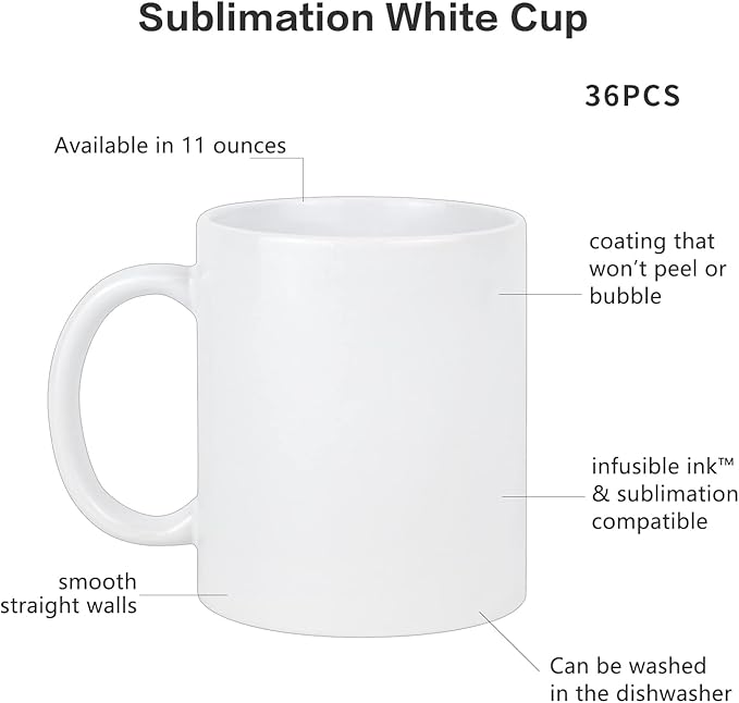 11 Oz Sublimation Blank Ceramic Coffee Mugs Case Of 36 Pcs White Coffee Mugs Blank Coated Cup Blank White Mug Sublimation Blanks DIY Mugs