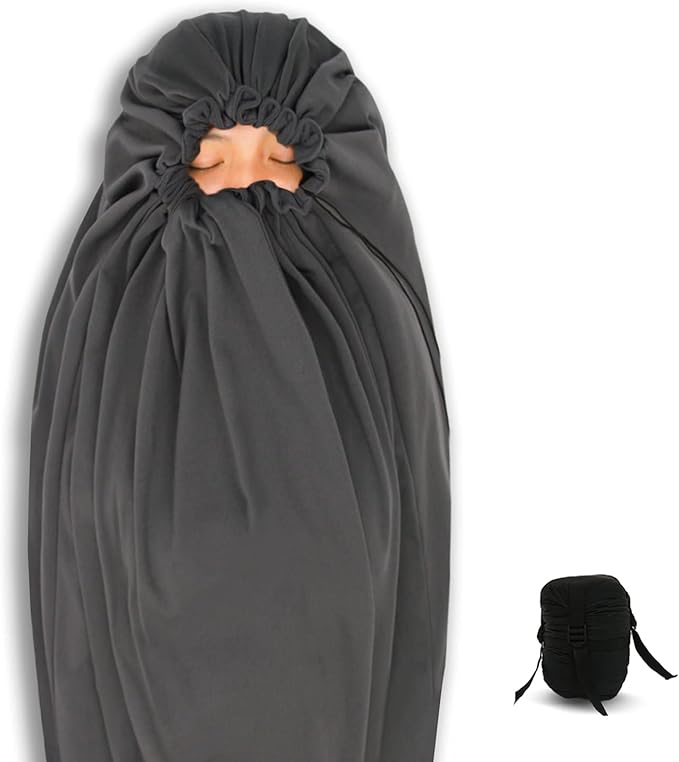 Litume All Season Fleece Sleeping Bag Liner Adds Up to 27°F/ 15°C, Lightweight Mummy Sleeping Sack for Cold Weather and Winter Backpacking, Camping, Traveling with Drawstring Hood and Stuff Sack E629