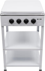 4 Burner Gas Stove, Portable Outdoor Stove with Double storage shelves and Independent Knobs, Heavy Duty Propane Gas Cooker with Wind Blocking Cover for Outdoor Camping BBQ(White)