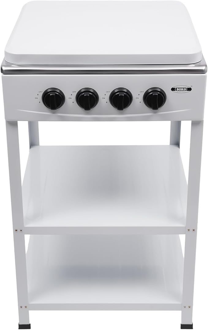 4 Burner Gas Stove, Portable Outdoor Stove with Double storage shelves and Independent Knobs, Heavy Duty Propane Gas Cooker with Wind Blocking Cover for Outdoor Camping BBQ(White)