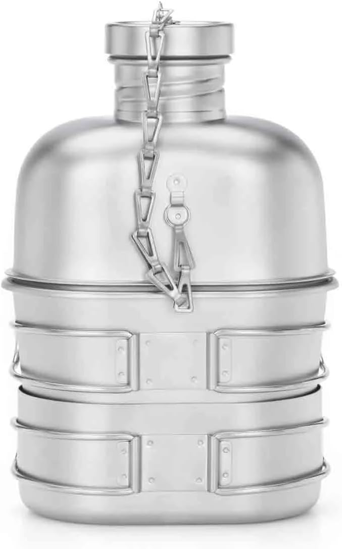Keith Titanium Ti3061 Pro Plastic-Free Canteen Mess Kit with Stove – Grade 1 Titanium Cookset, 37 oz Bottle, 24 oz & 13.5 oz Cups, Custom MOLLE Field Carry Case with Premium Zippered Pouches