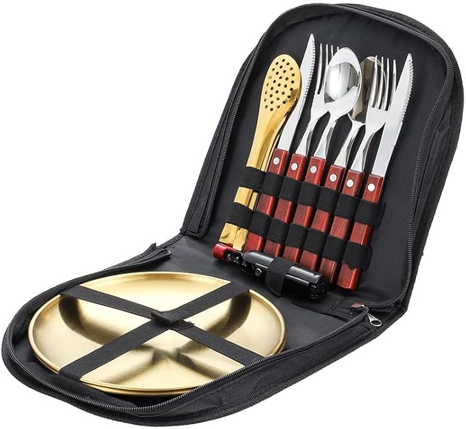 Silverware Flatware Cutlery Set, Outdoor Camping Two-Person Tableware Set 304 Stainless Steel Wooden Handle Knife, Fork, Spoon, Steak Clip, Bottle Opener,Red Gold-12Set