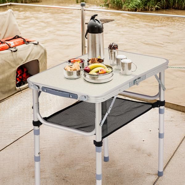 Outdoor Folding Camping Table, 2ft Adjustable Height Portable, Lightweight Aluminum Foldable Table with Carry Handle & Mesh Storage Shelf for Patio, Beach, BBQ, Camping & Hiking