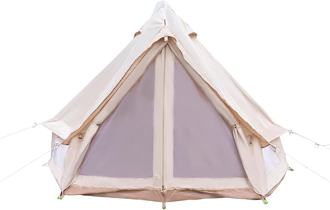 4 Season Waterproof Canvas Bell Tent for Camping - 3m (10ft) Heavy Duty Yurt Tent with Ground Ventilation & Stove Jack, Outdoor Shelter for Family/Group, Portable Khaki Cotton