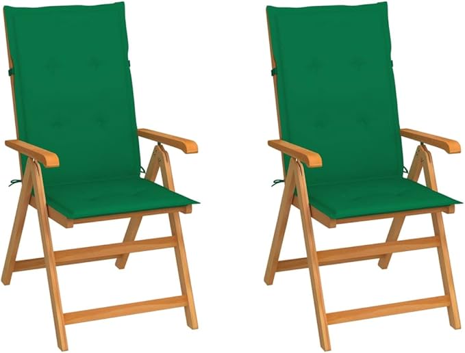 Patio Chairs 2 pcs,Outdoor Folding Chair,Lounge Chair,Portable Camping Chair,Tanning Chairs for Outside,Garden Chair,for Outdoor Patio, Campsite, or Yard, with Green Cushions Solid Teak Wood