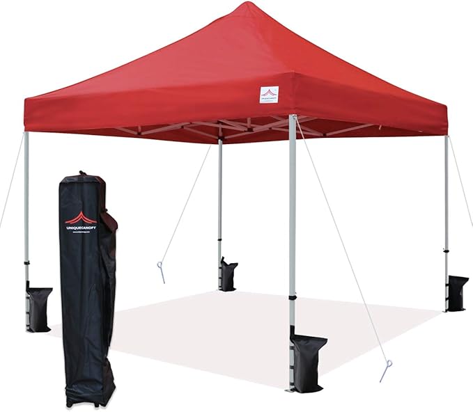 10'x10' Pop Up Canopy Tent Commercial Instant Shelter with Heavy Duty Roller Bag, 4 Canopy Sand Bags, 10x10 FT Red