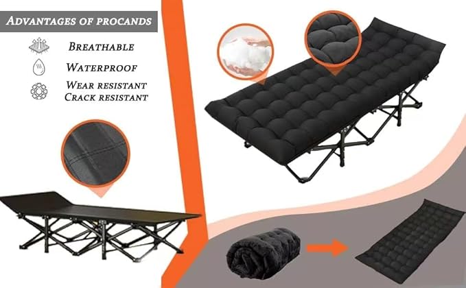Oversized XXL Folding Camping Cot W/Mat for Adults,Heavy Duty Outdoor Bed with Carry Bag1200 D Layer Oxford Portable Travel Camp Cots Extra Wide Sleeping Cots (Black With Comfortable Mattress)