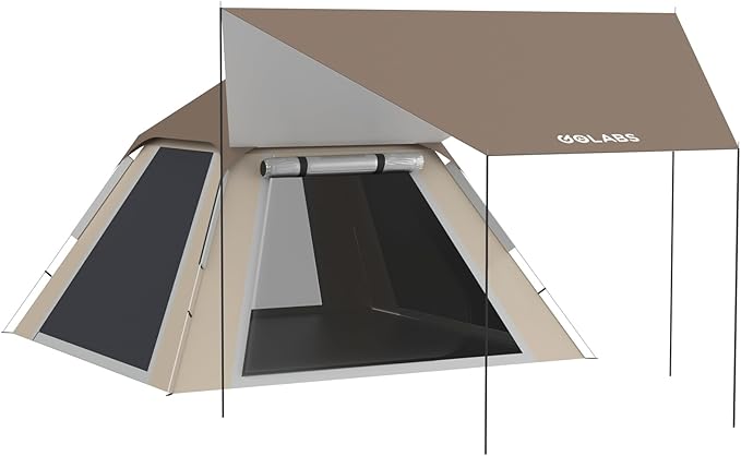 Golabs 3 Person Camping Tent w/ 9.5x8.5 ft Canopy, 3-Minute Setup by Pre-Attached Pole, PU1500mm Waterproof, 4 Side Mesh Tent Top & Door & Ventilation, Portable Family Tent w/Carry Bag & Pocket & Hook
