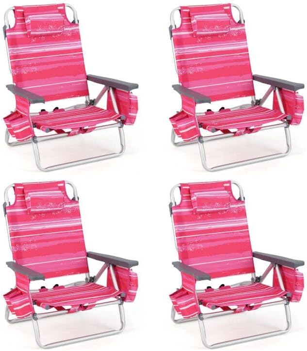Giantex Folding Beach Chair, Patio Sling Chairs with 5 Adjustable Position, Head Pillow, Storage Bag, Towel Bar, Cup Holders, Backpack Chairs for Sunbathing, Camping Chair