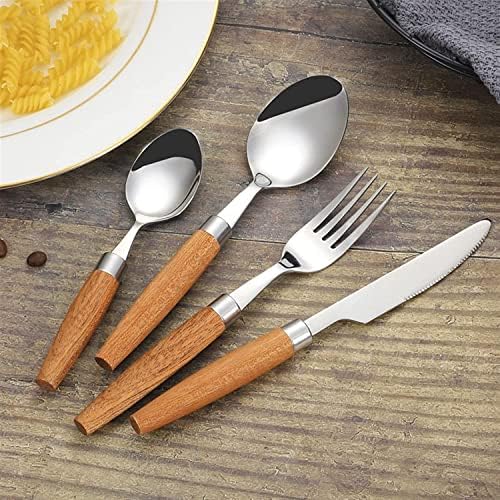Japanese Flatware Set - Stainless Steel Cutlery with Wood Handles - Knife, Fork & Spoon - Mixed Western Dinnerware for Camping, Travel, & Picnic - Elegant Tableware