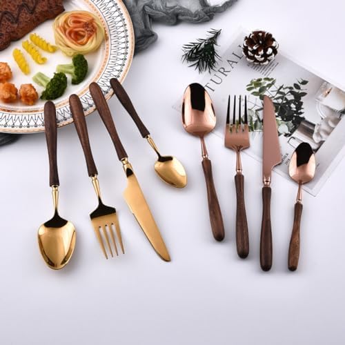 Gold Silverware Set Walnut Flatware Set, Kitchen Tableware Set 304 Stainless Steel Flatware Cutlery Set,Forks Spoons and Knives Set for Home/Camping/Travel,Mirror Finish (Silver 40PieceSetfor10)